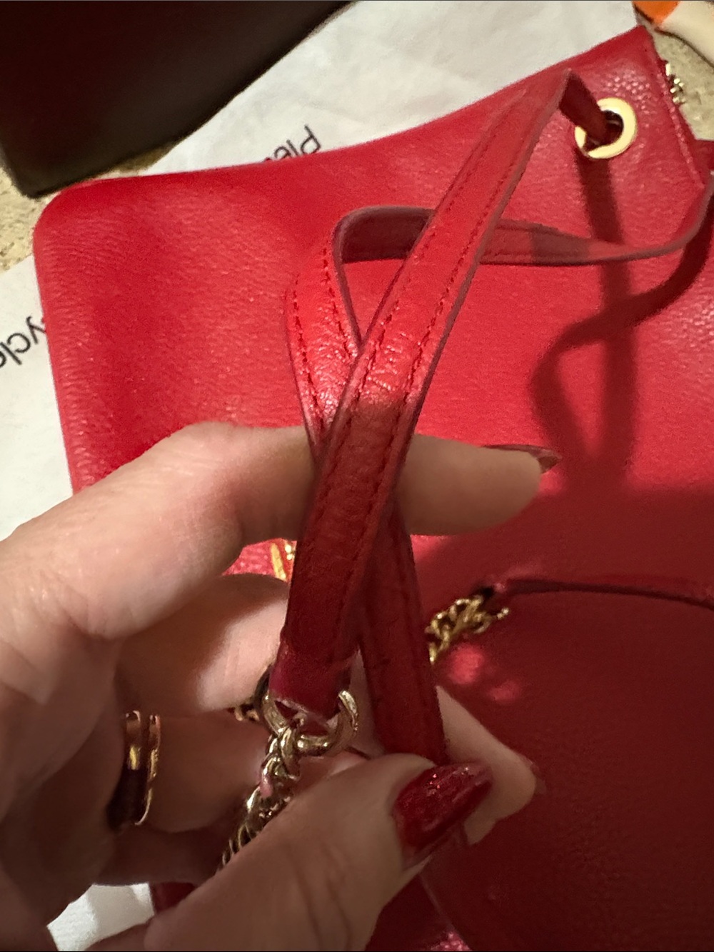 Coach Red Pebbled Leather Shoulder Bag with Gold Chain Strap - Picture 10 of 11